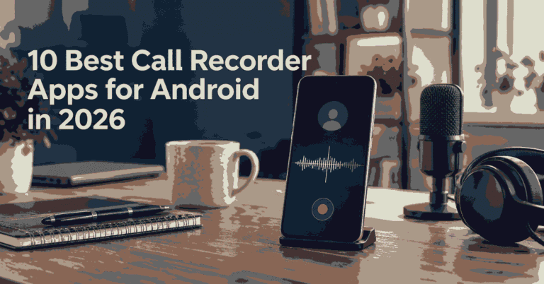 10 Best Call Recorder Apps for Android in 2026 shown beside a realistic smartphone call-recording screen.
