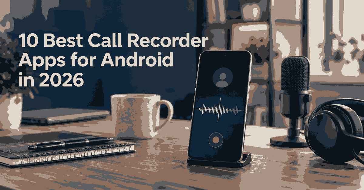 10 Best Call Recorder Apps for Android in 2026 shown beside a realistic smartphone call-recording screen.
