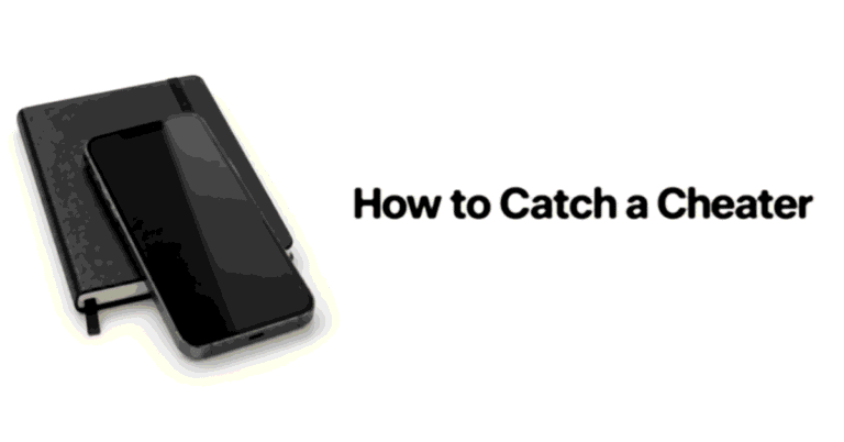 How to Catch a Cheater title beside a smartphone and notebook.