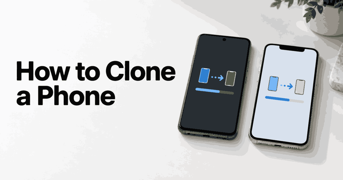 How to Clone a Phone title beside two smartphones showing a data transfer.