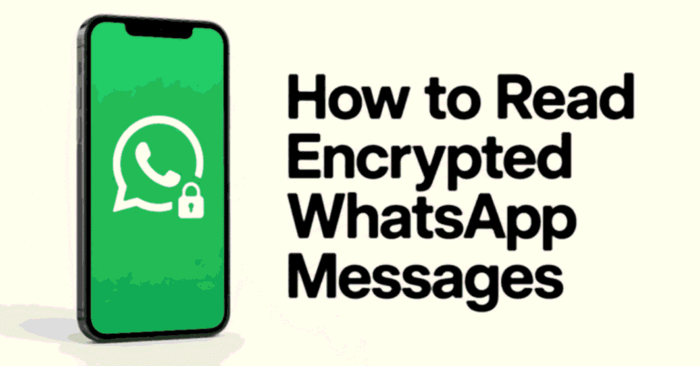 How to Read Encrypted WhatsApp Messages title beside a realistic green smartphone with a lock icon.