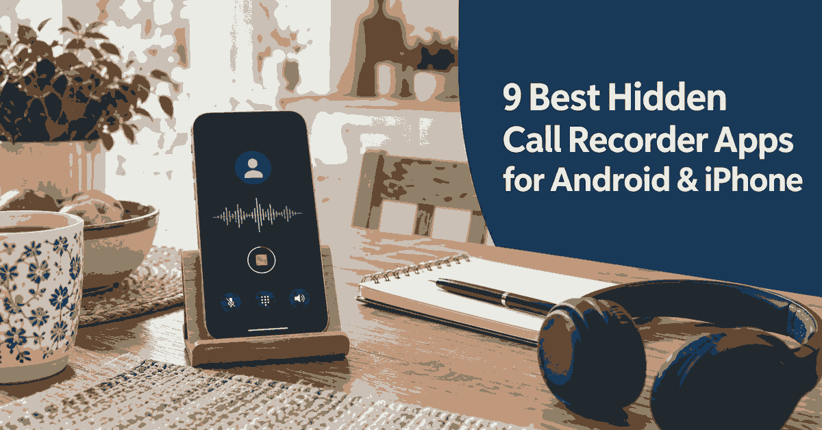 9 Best Hidden Call Recorder Apps for Android and iPhone shown beside a realistic smartphone call-recording screen.