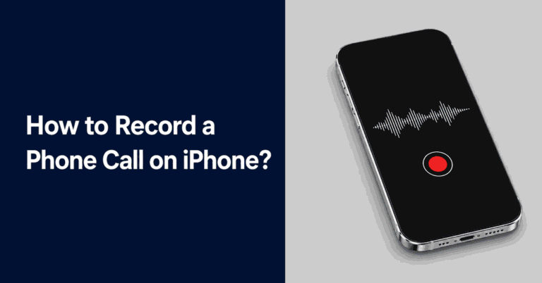 How to Record a Phone Call on iPhone? Title beside an iPhone showing an audio waveform and red recording button.