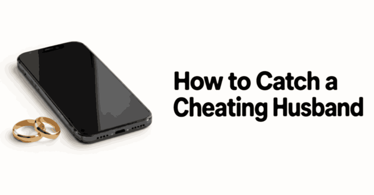 How to Catch a Cheating Husband title beside a smartphone and wedding rings.