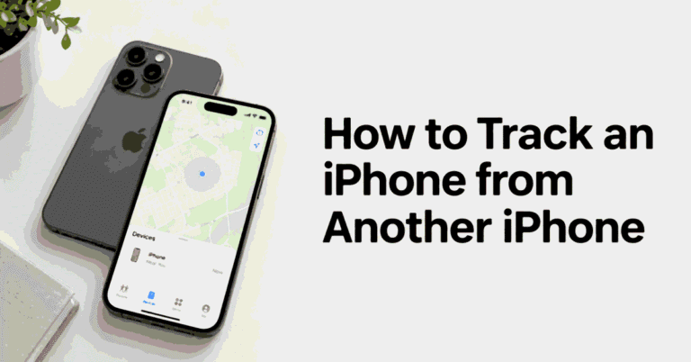 How to Track an iPhone from Another iPhone title beside two iPhones and a location map.