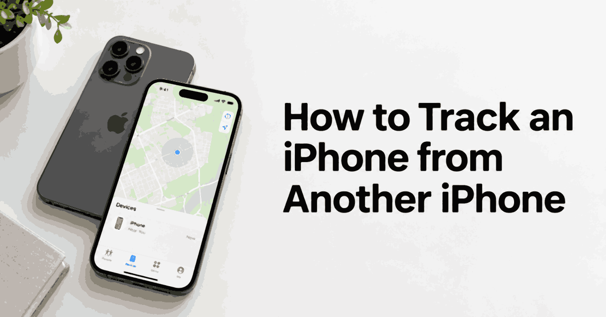 How to Track an iPhone from Another iPhone title beside two iPhones and a location map.