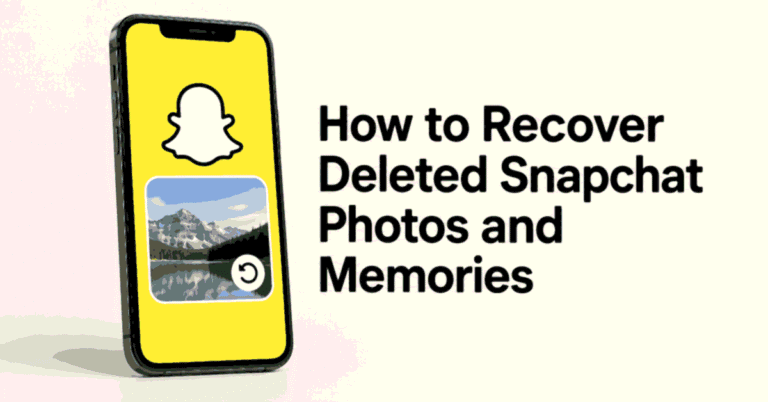 How to Recover Deleted Snapchat Photos and Memories title beside a smartphone with the Snapchat logo, a mountain lake photo, and a restore arrow.