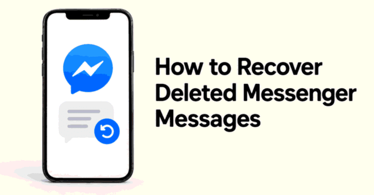 How to Recover Deleted Messenger Messages title beside a smartphone with the Messenger logo, a chat bubble, and a restore arrow.