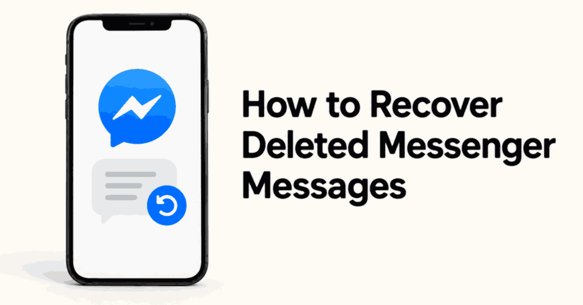 How to Recover Deleted Messenger Messages title beside a smartphone with the Messenger logo, a chat bubble, and a restore arrow.