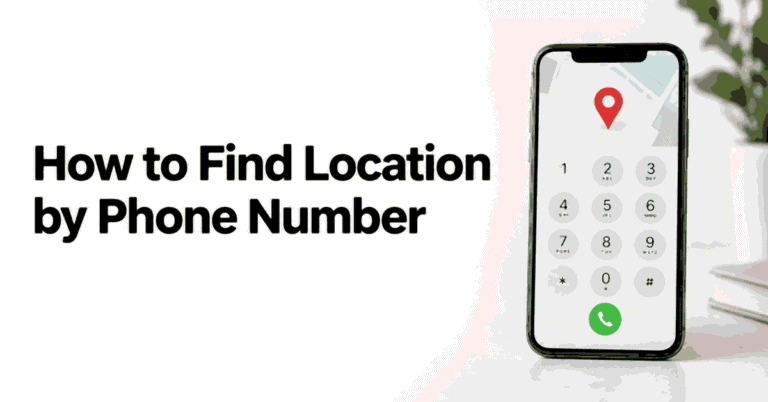 How to Find Location by Phone Number title beside a smartphone with a keypad and map pin.