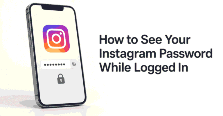 How to See Your Instagram Password While Logged In title beside a smartphone showing Instagram, a masked password field, and a lock.
