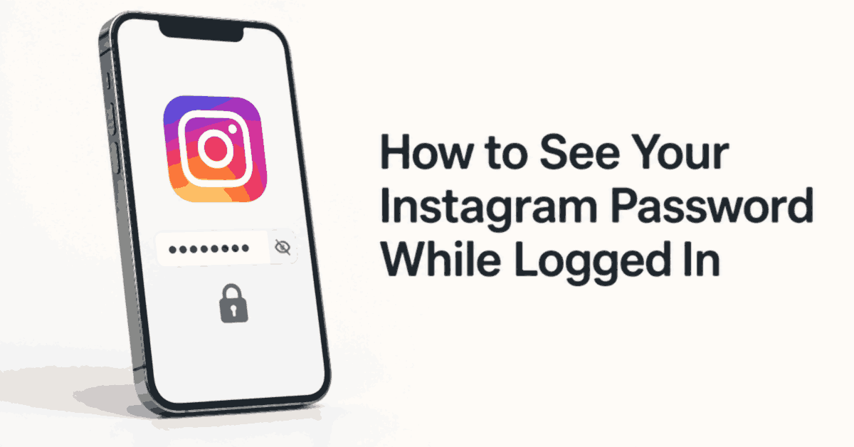 How to See Your Instagram Password While Logged In title beside a smartphone showing Instagram, a masked password field, and a lock.