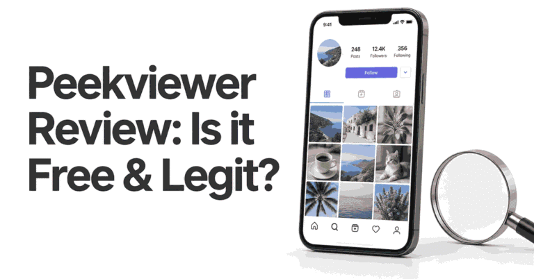 Peekviewer Review: Is it Free & Legit? title beside a smartphone displaying a public social profile and a magnifying glass.