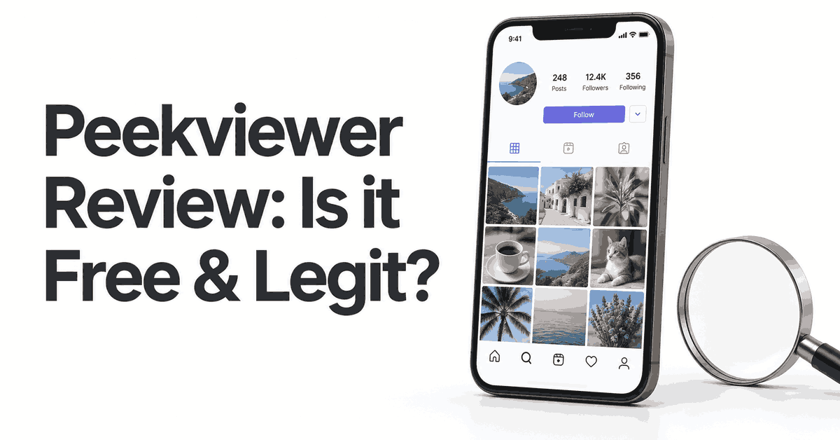 Peekviewer Review: Is it Free & Legit? title beside a smartphone displaying a public social profile and a magnifying glass.