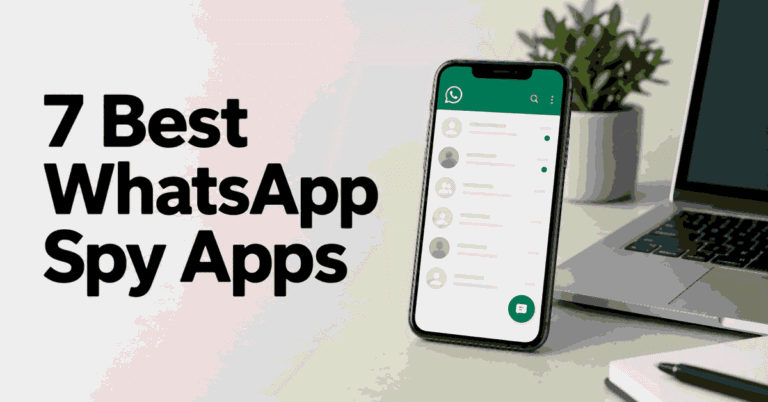 7 Best WhatsApp Spy Apps title beside a smartphone and laptop on a light desk.