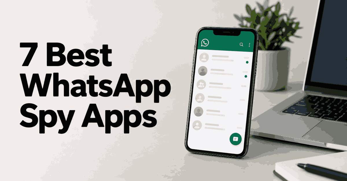 7 Best WhatsApp Spy Apps title beside a smartphone and laptop on a light desk.