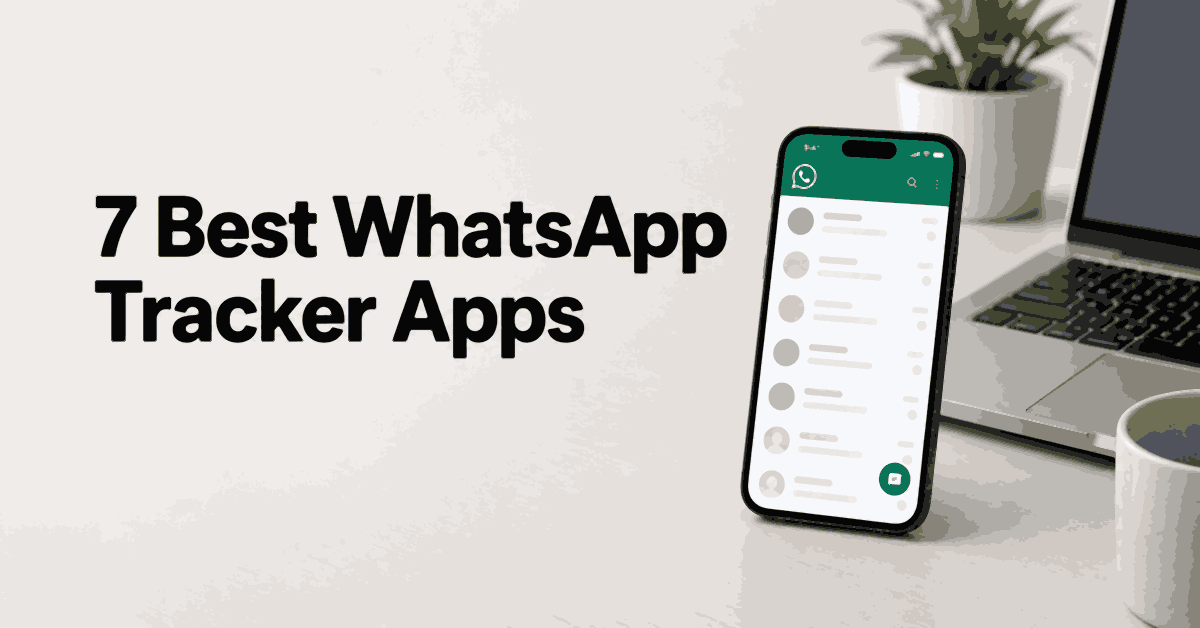 7 Best WhatsApp Tracker Apps title beside a smartphone and laptop on a light desk.